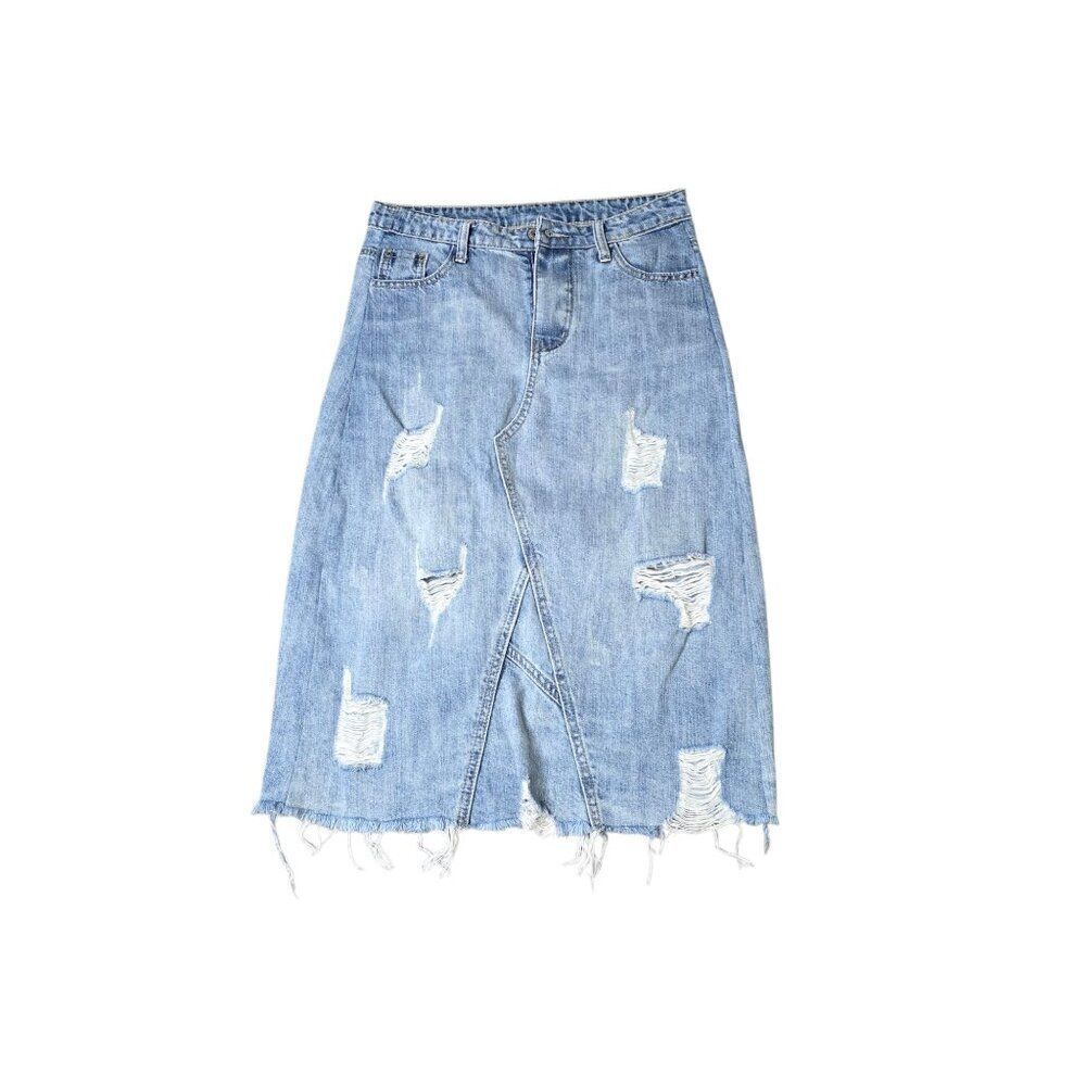 Vintage Y2K Frayed Denim Pencil Skirt Womens Size S Blue